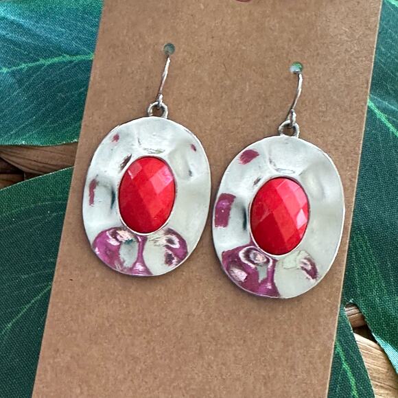 Vintage Jewelry - BOGO FREE Bohemian Style Metal Red Gemstone Asymmetrical Oval Shaped Earrings
